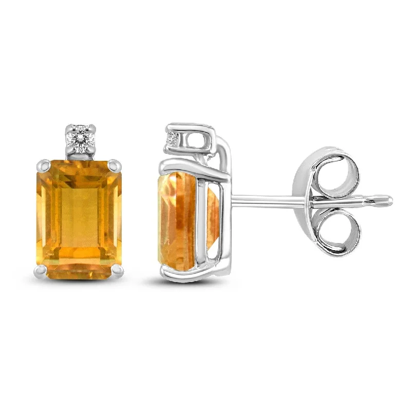 Marquee 14K White Gold 6x4MM Emerald Shaped Citrine and Diamond Earrings