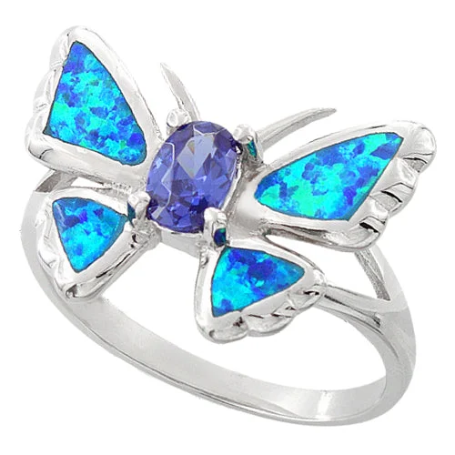 Sterling Silver Lab Opal Butterfly Tanzanite CZ Ring