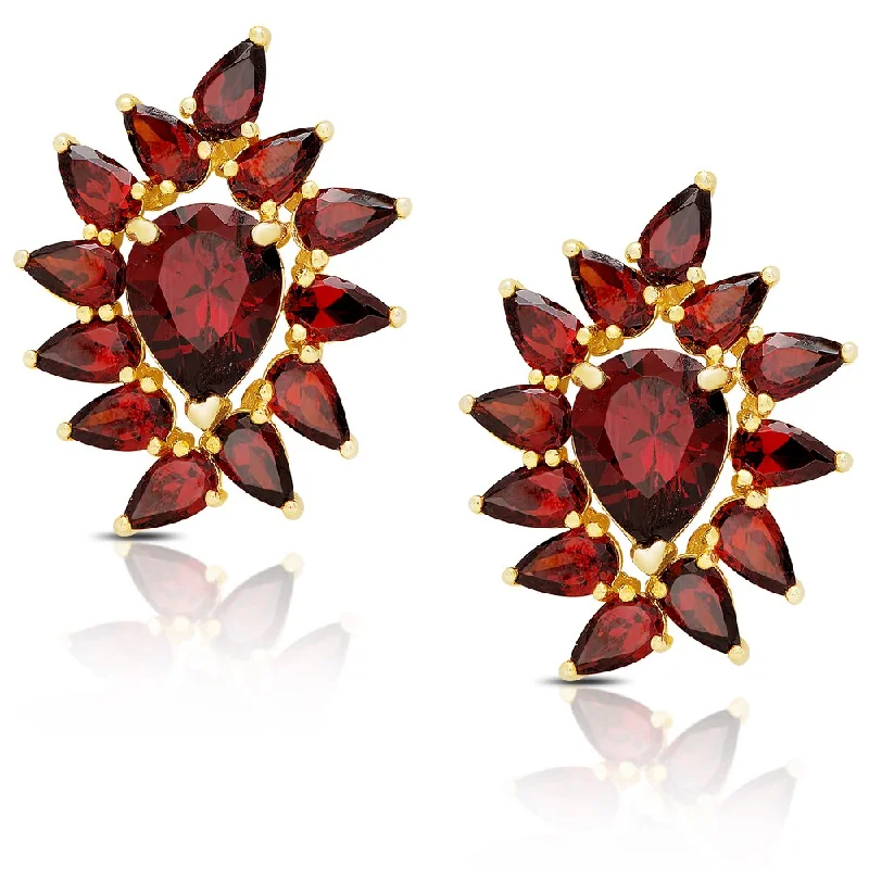 Dolce Giavonna Gold Over Silver Simulated Garnet Flower Design Stud Earrings