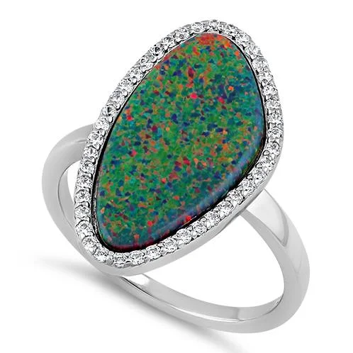 Sterling Silver Tri-Oval Black Lab Opal CZ Ring