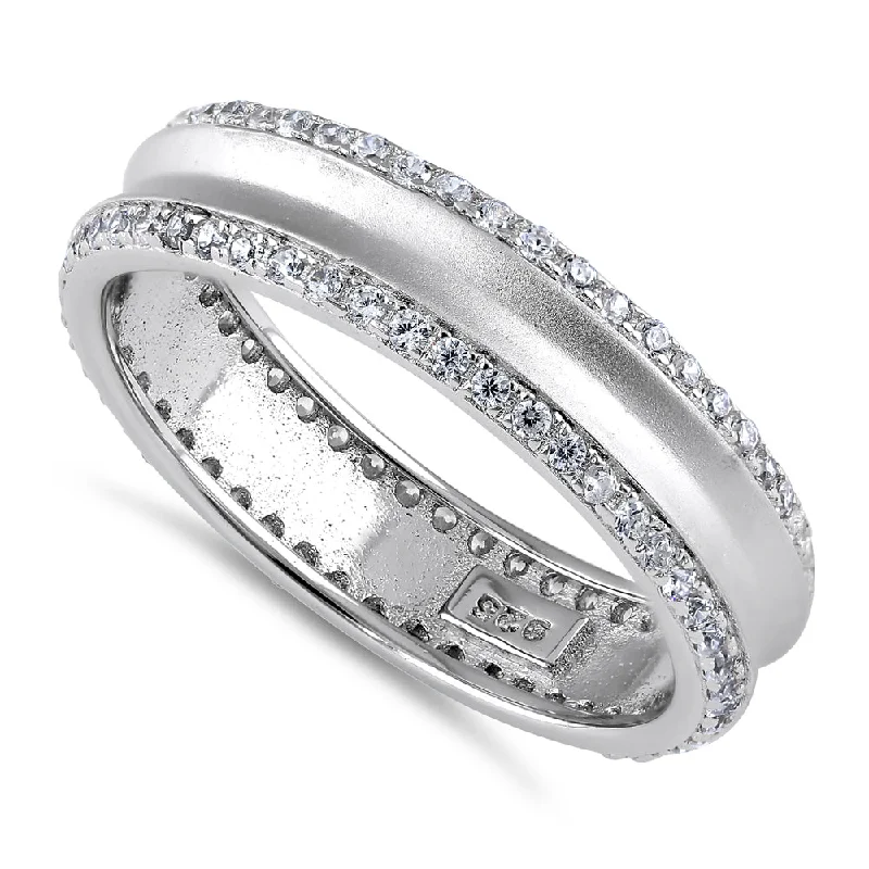 Sterling Silver Matte Line CZ Wedding Band Ring