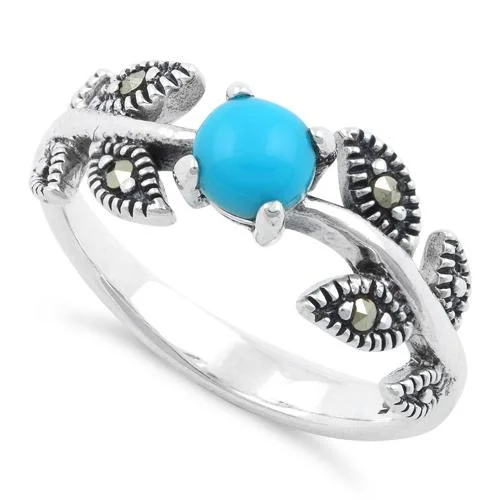 Sterling Silver Round Simulated Turquoise Leaves Marcasite Ring