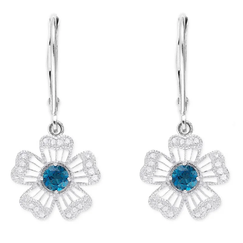 Dolce Giavonna Sterling Silver London Blue Topaz Diamond Accent Flower Dangle Earrings