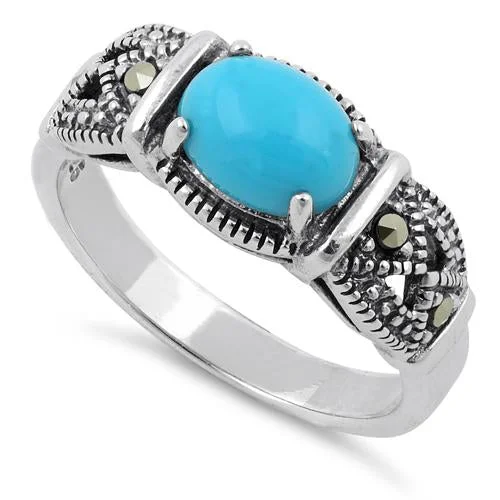 Sterling Silver Simulated Turquoise Oval Marcasite Ring