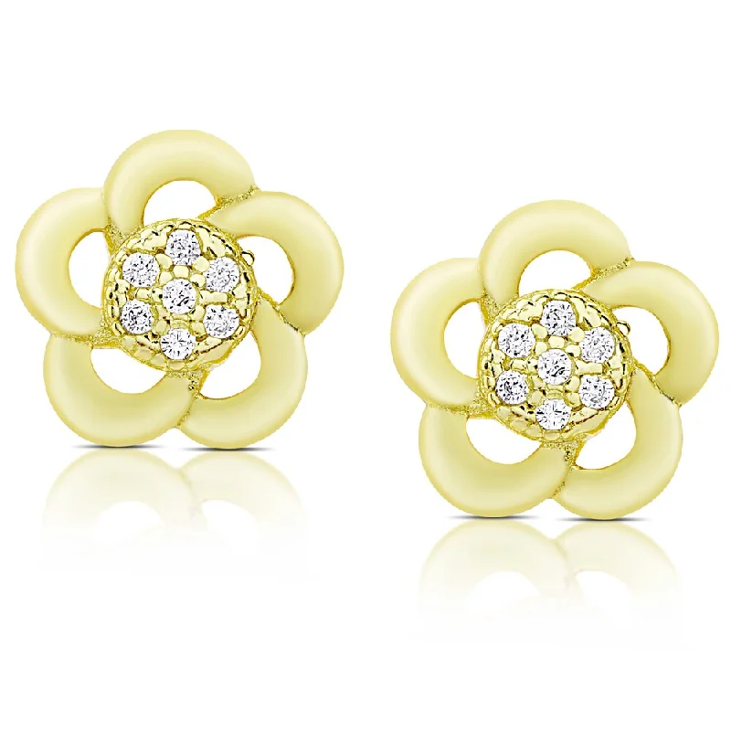 Dolce Giavonna Gold Over Silver or Sterling Silver Cubic Zirconia Flower Stud Earrings