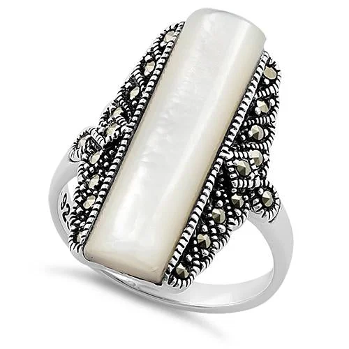 Sterling Silver Mother of Pearl Tall Marcasite Ring