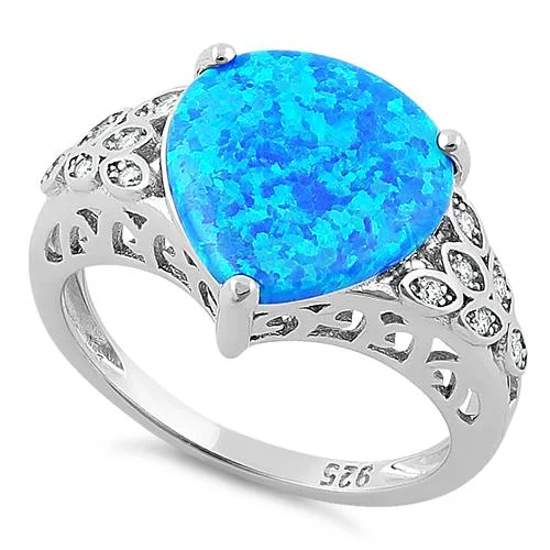 Sterling Silver Plump Pear Shape Blue Lab Opal Clear CZ  Ring