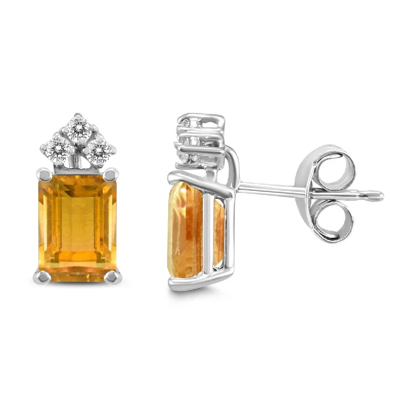 Marquee 14K White Gold 6x4MM Emerald Shaped Citrine and Diamond Earrings