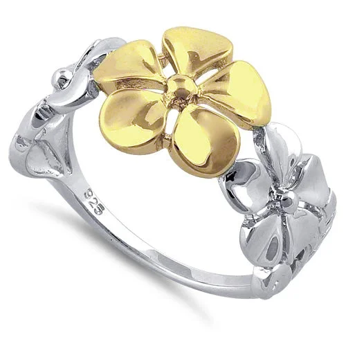 Sterling Silver Two Tone Gold Plated Triple Plumeria Ring