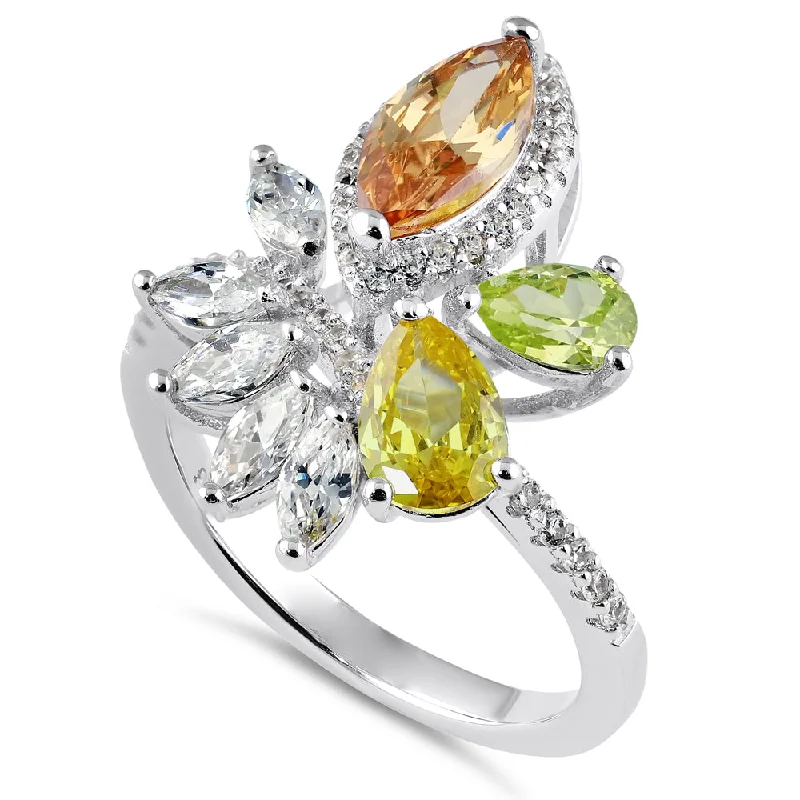 Sterling Silver Champagne Yellow and Apple Green CZ Ring