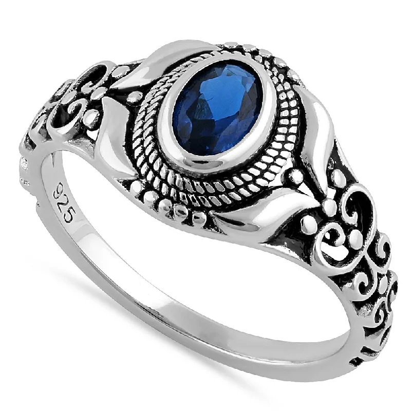 Sterling Silver Austere Oval Cut Blue Sapphire CZ Ring