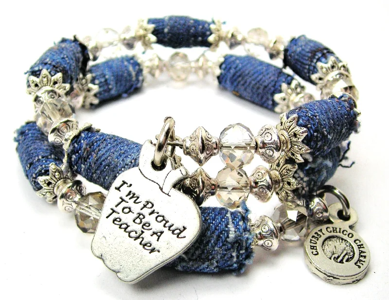 I'm Proud To Be A Teacher Blue Jean Beaded Wrap Bracelet