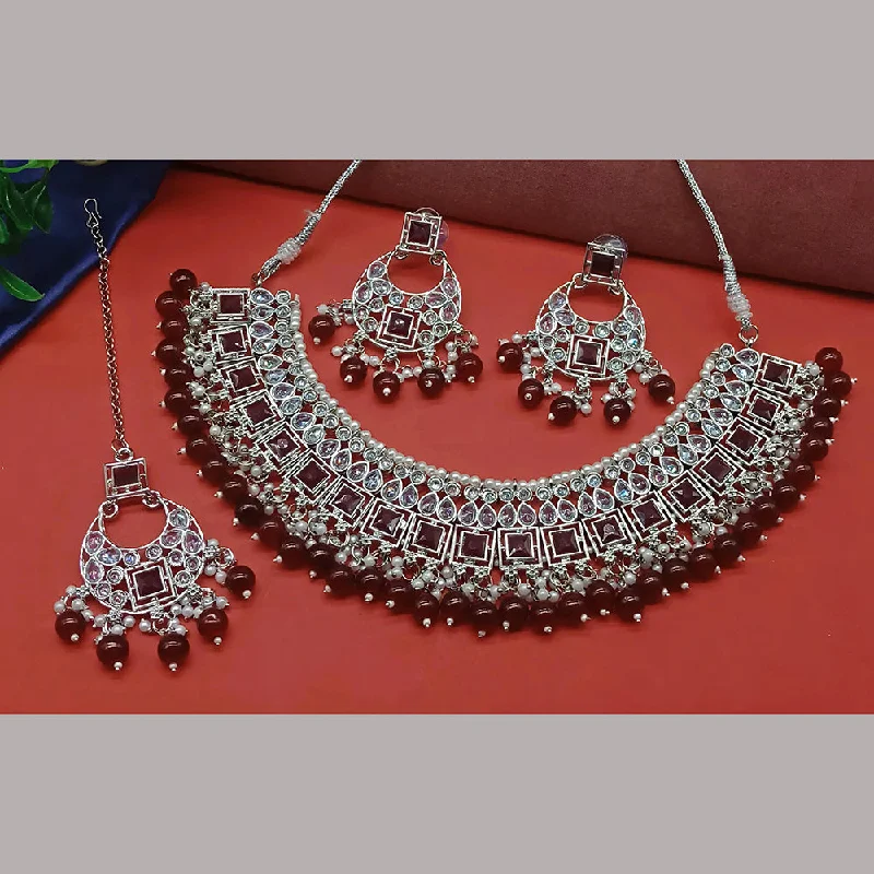 Gehana Mahal Silver Plated Crystal Stone Pearl And Beads Necklace Set