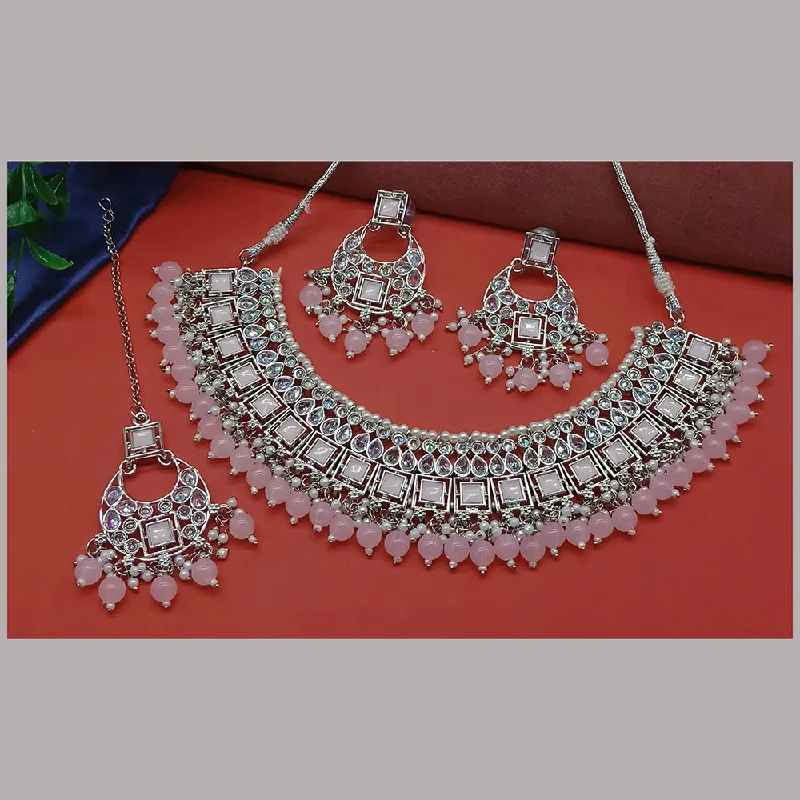 Gehana Mahal Silver Plated Crystal Stone Pearl And Beads Necklace Set