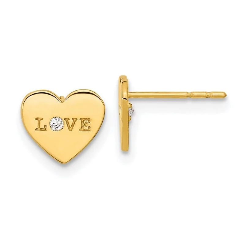 Curata 14k Yellow Gold Polished Love CZ Cubic Zirconia Heart Post Earrings - 7.5x8.5mm Wide