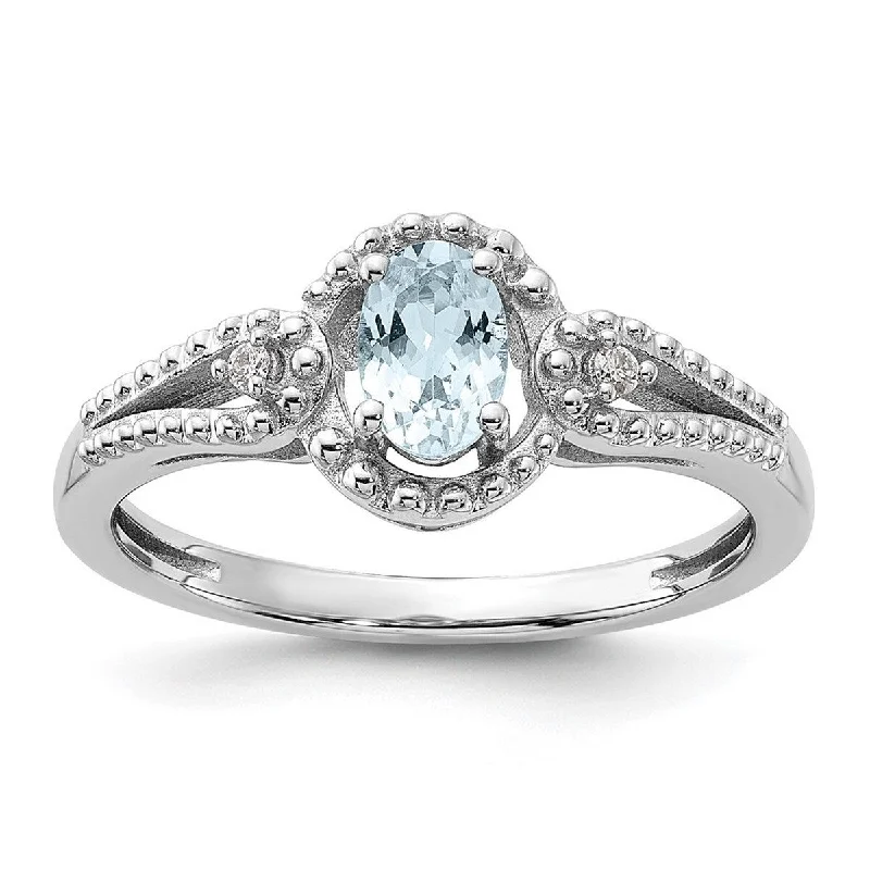 Curata 925 Sterling Silver Polished Open back Aquamarine and Diamond Ring