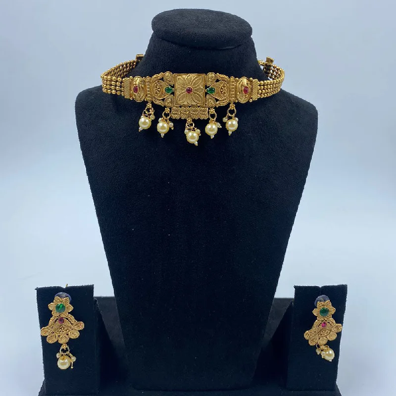 The Fashion Jewels Gold Plated Pota Stone And Pearl Choker Necklace Set