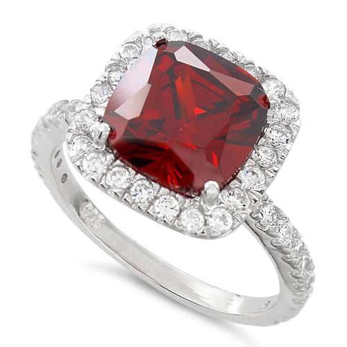 Sterling Silver Cushion-Cut Red CZ Ring