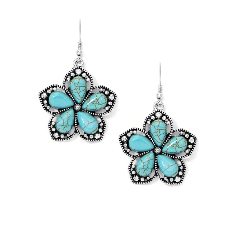 Silver Plated Simulated Turquoise Flower Wire Earrings