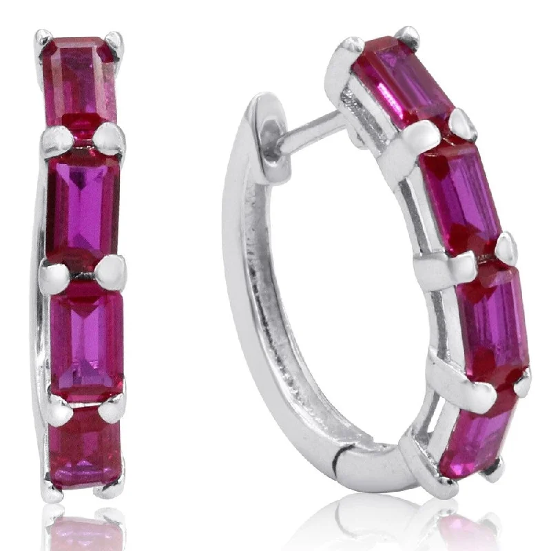 Marquee 4 1/2 Carat TW Emerald Cut Lab Created Ruby Hoop Earrings in .925 Sterling Silver