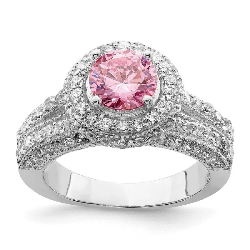 Curata 925 Sterling Silver Polished Open back Round Pink and White CZ Cubic Zirconia Simulated Diamond Ring