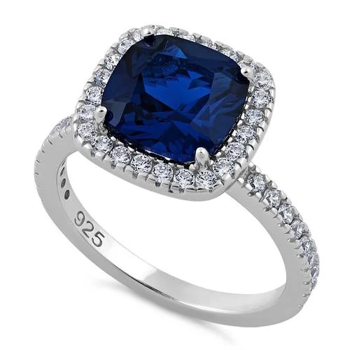 Sterling Silver Cushion Cut Blue CZ Ring