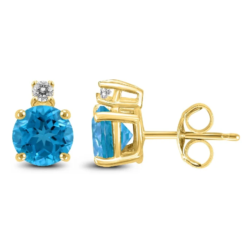 Marquee 14K Yellow Gold 5MM Round Blue Topaz and Diamond Earrings