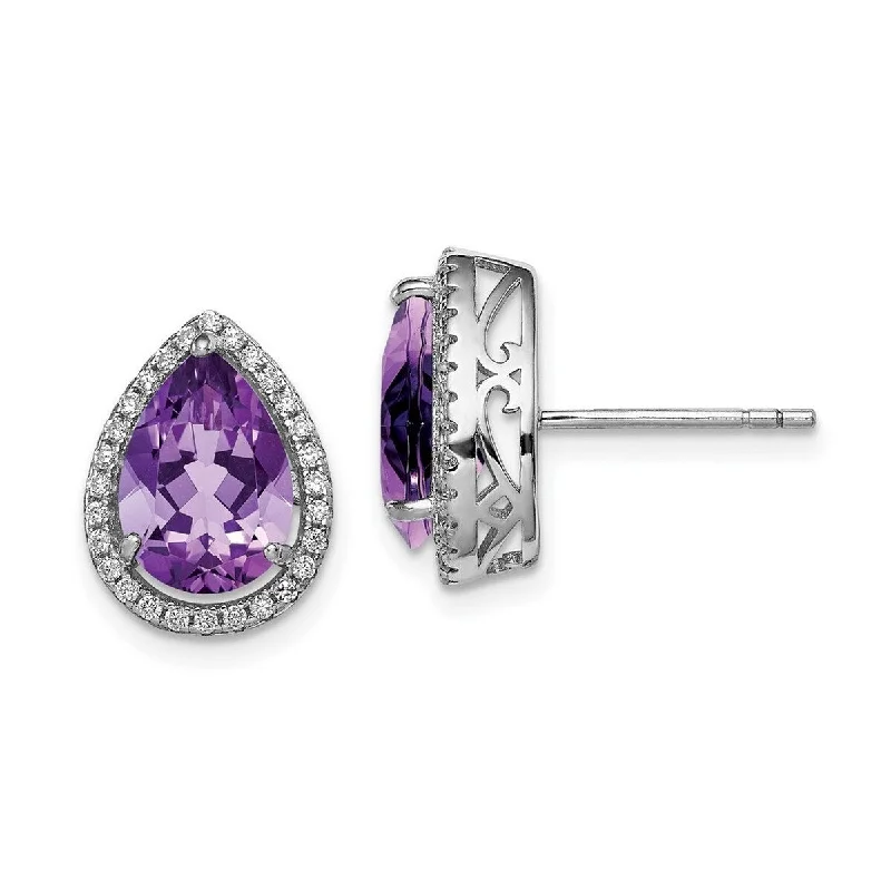 Curata 925 Sterling Silver Polished Amethyst and CZ Cubic Zirconia Post Earrings - 14x11mm Wide