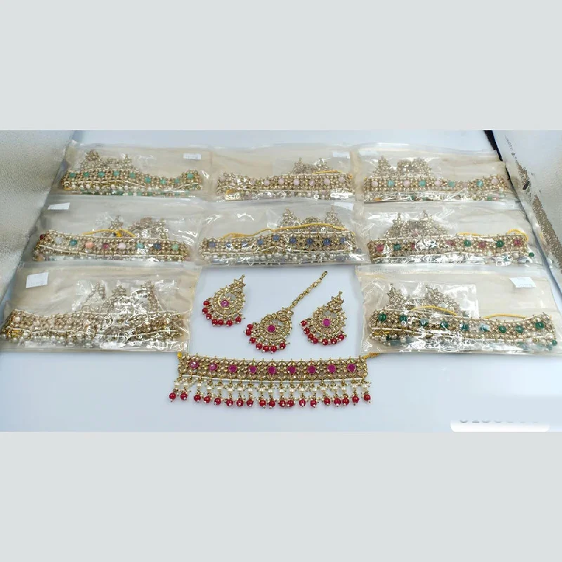 Rani Sati Jewels Gold Plated Crystal Stone And Pearl Choker Necklace Set