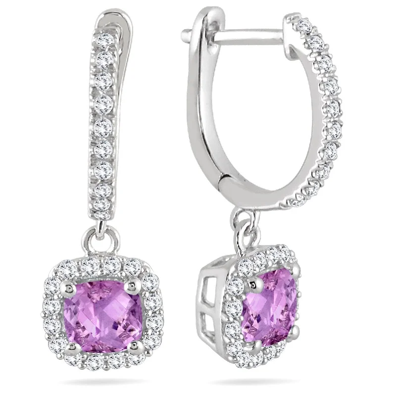 Marquee 1 Carat Amethyst and Diamond Halo Dangle Earrings in 10K White Gold