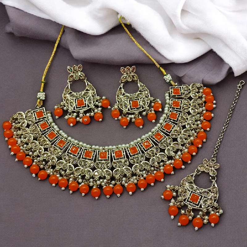 Gehana Mahal Gold Plated Crystal Stone Pearl And Beads Necklace Set