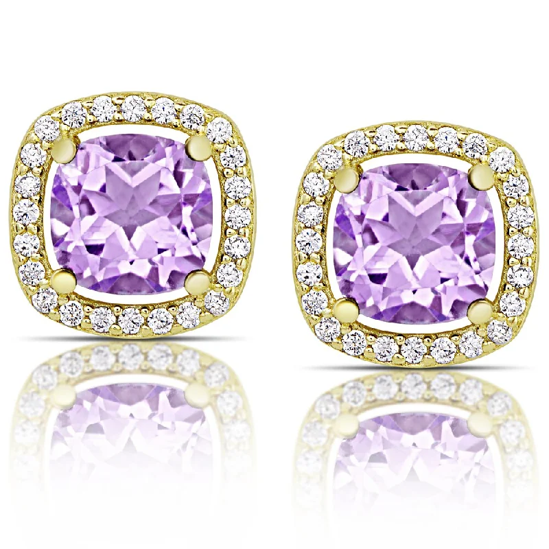 Dolce Giavonna Gold over Sterling Silver Cushion-cut Gemstone and Cubic Zirconia Stud Earrings