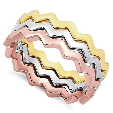 Sterling Silver Tri-Color Zig Zag Stackable Ring