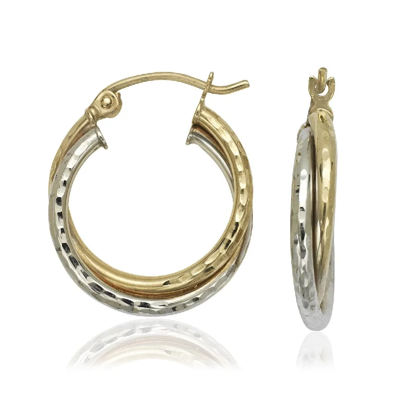 10k Two-tone Yellow and White Gold Intertwining Diamond-cut Hoop Earrings