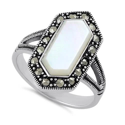 Sterling Silver Mother of Pearl Diamond Shaped Marcasite Ring