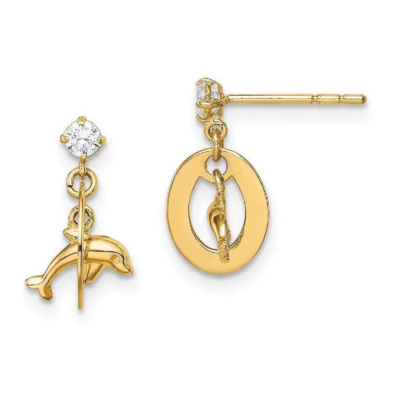 Curata 14k Yellow Gold CZ Cubic Zirconia Oval With Dolphin Dangle Post Earrings - 12.8mm long