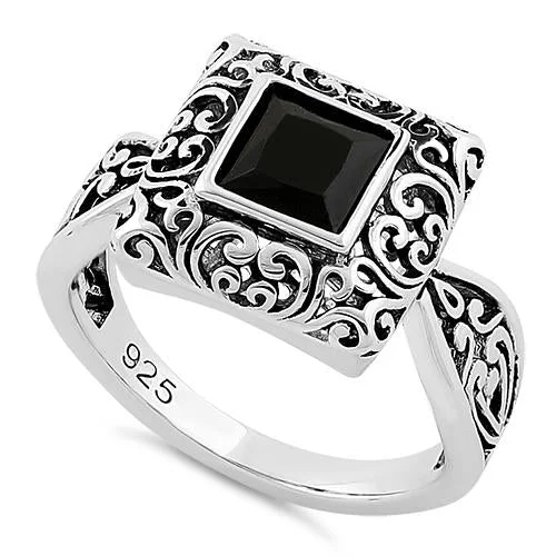 Sterling Silver Ornate Black CZ Ring