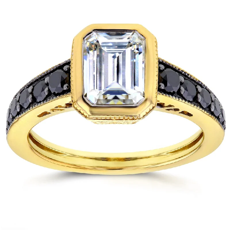 Annello by Kobelli 14k Yellow Gold Emerald Moissanite Bezel and 2/5ct TDW Black Diamond Ring