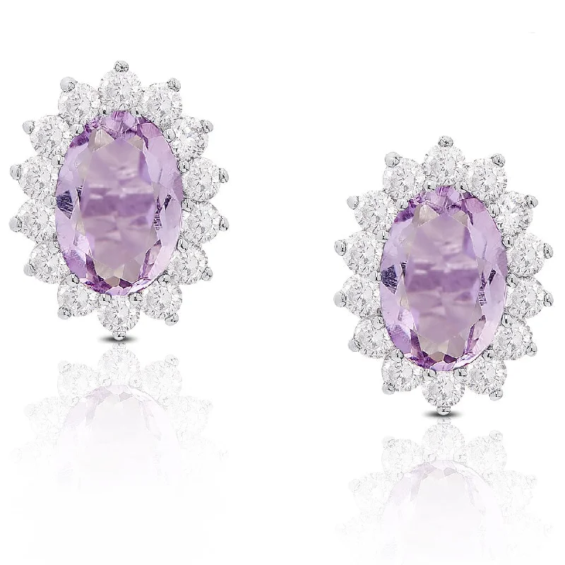 Dolce Giavonna Sterling Silver Oval Gemstone and Cubic Zirconia Stud Earrings