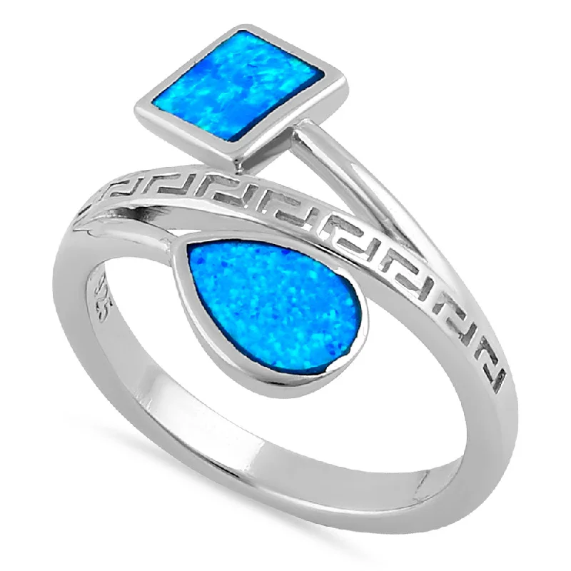 Sterling Silver Blue Lab Opal Greek Pear Square Ring