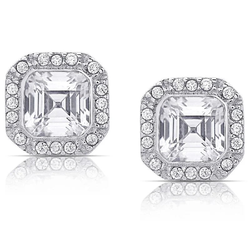 Dolce Giavonna Sterling Silver Cubic Zirconia Square Halo Stud Earrings