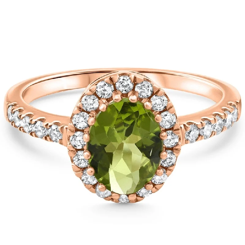 1 1/2Ct Oval Peridot Halo Diamond Ring Gold Lab Grown