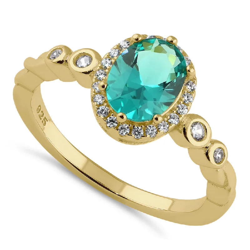 Sterling Silver Yellow Gold Plated Oval Cut Teal CZ Halo Ring