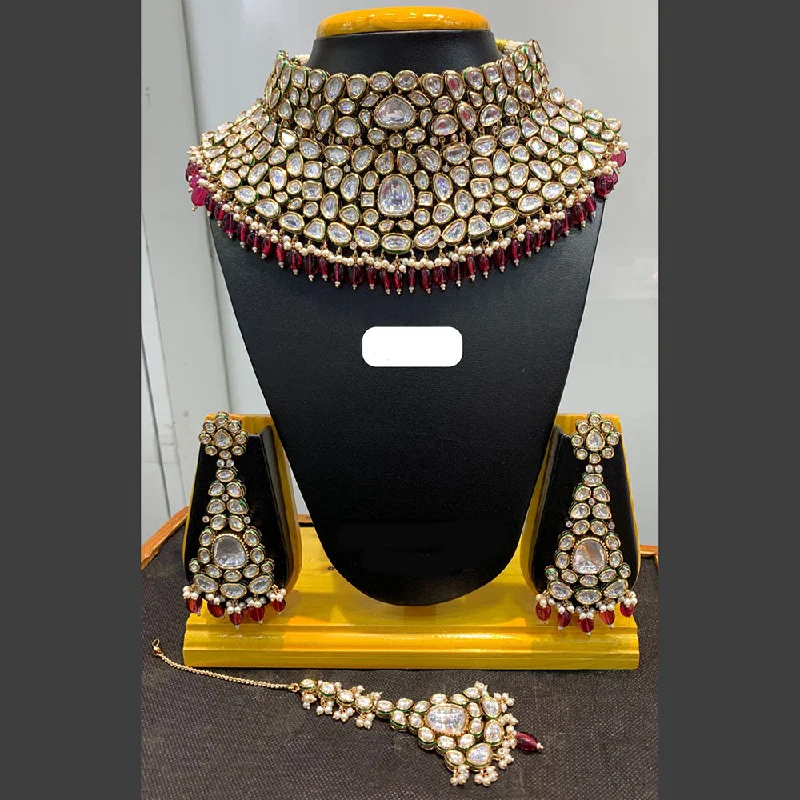 Jain Jewellers Gold Plated Polki Kundan Stone And Pearls Choker Necklace Set