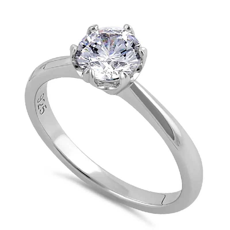 Sterling Silver 6.5mm Clear CZ Crown Setting Ring