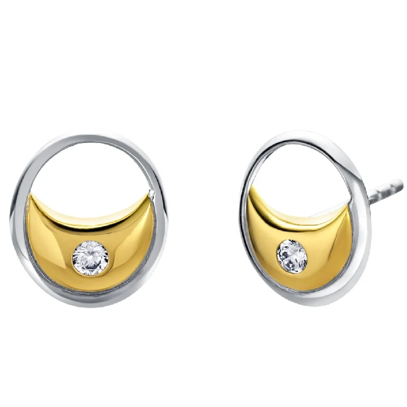 Two-Tone Sterling Silver Cubic Zirconia Crescent Charm Earrings