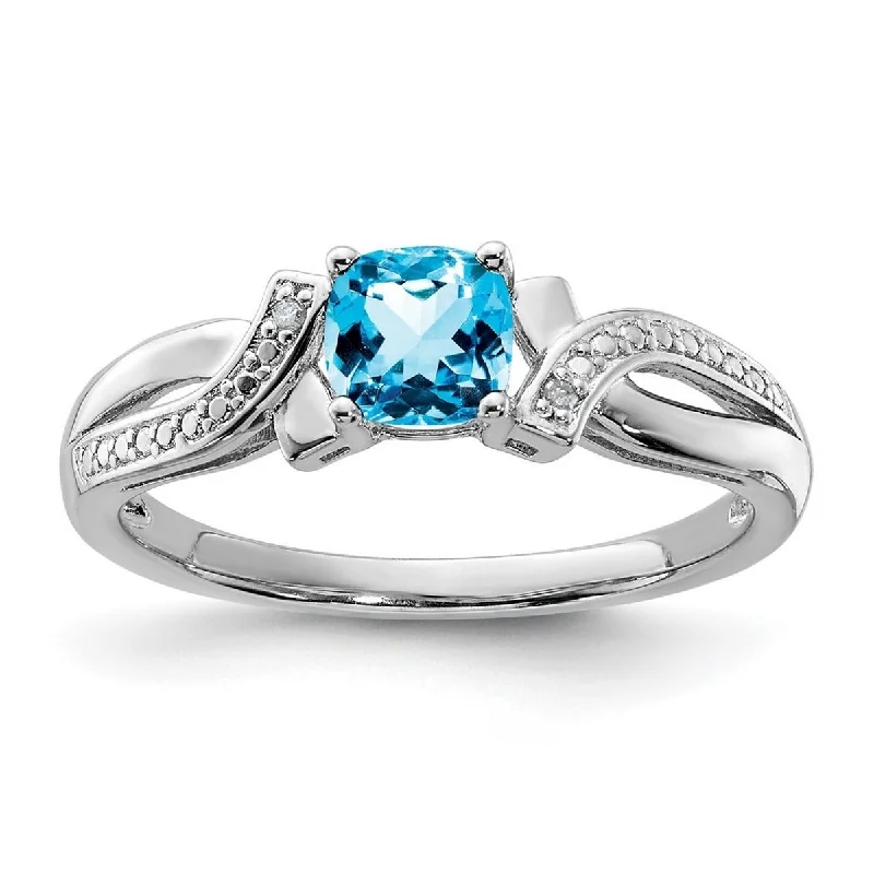 Curata 925 Sterling Silver Polished Open back Light Swiss Blue Topaz and Diamond Ring