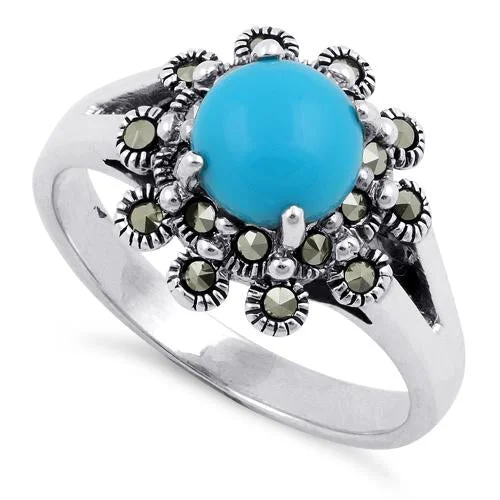 Sterling Silver Simulated Turquoise Flower Marcasite Ring