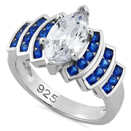 Sterling Silver Elegant Blue Spinel Marquise Clear CZ Ring