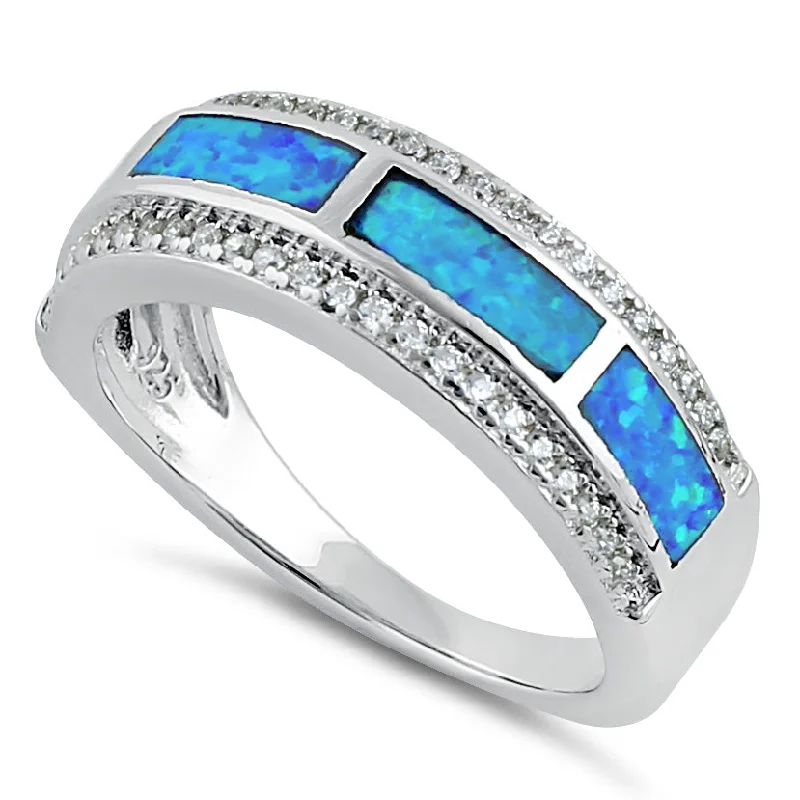 Sterling Silver Elegant Blue Lab Opal Clear CZ Band Ring